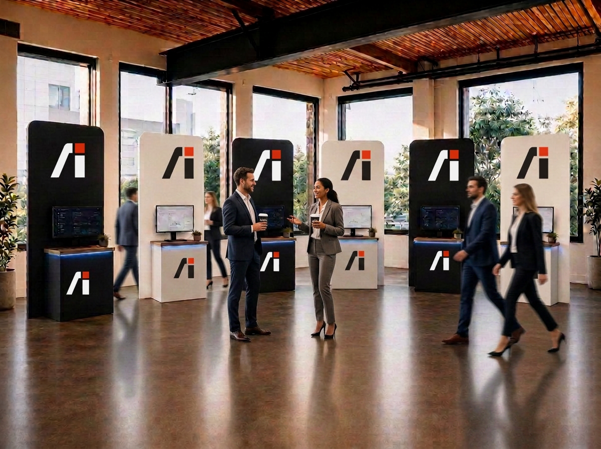AI-Native Outcomes Summit discovery stations with branded panels and screens in a daylit room